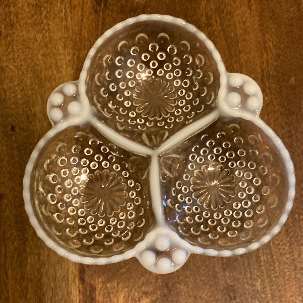 Vintage Fenton Moonstone Opalescent Hobnail Glass Divided Dish